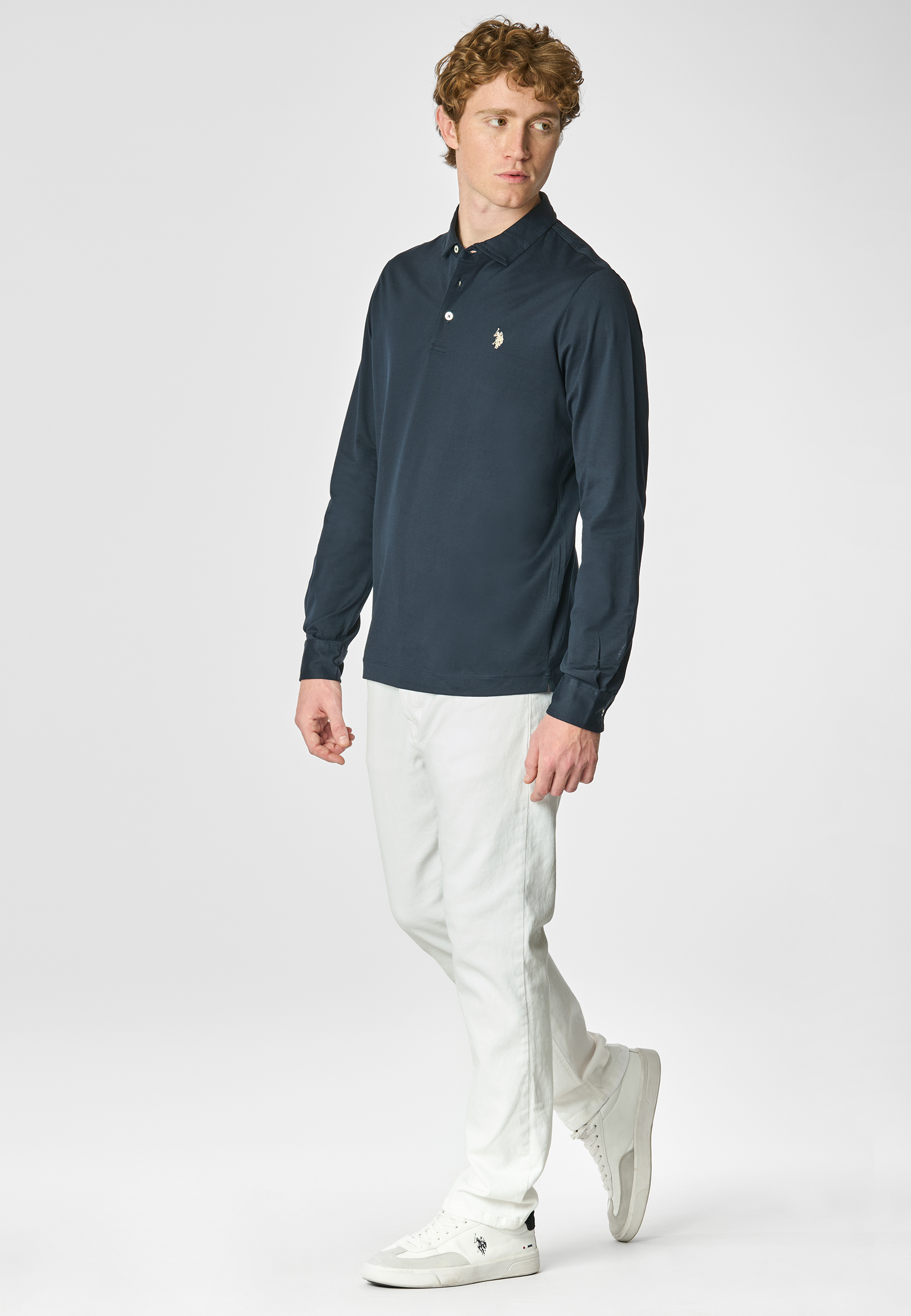 Polo shirt a maniche lunghe in cotone premium quality con logo e bottoni sulle maniche