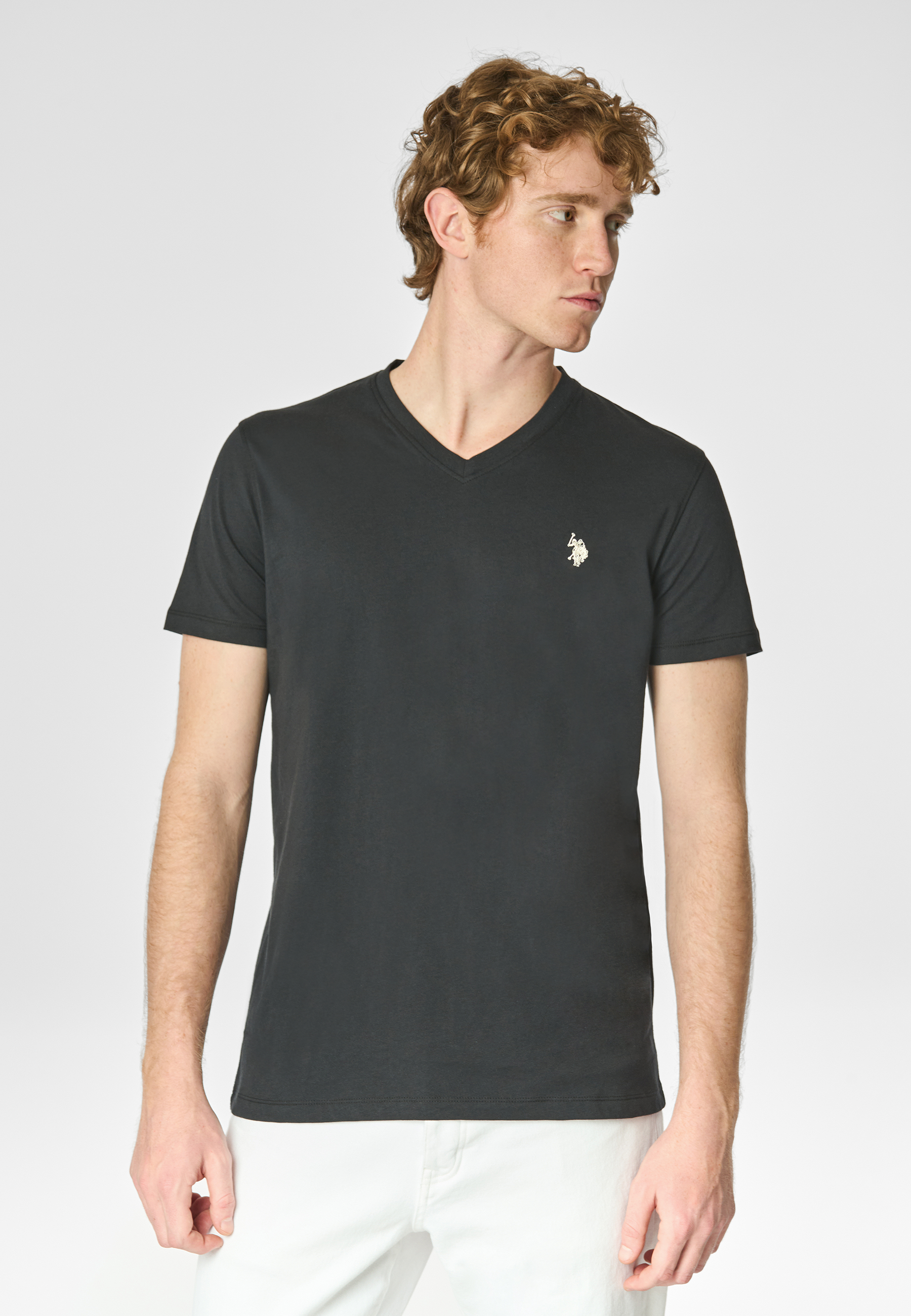 T-shirt a maniche corte con scollo a V in cotone con logo