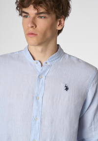 Camicia in lino chambray colletto mandarin slim fit con logo