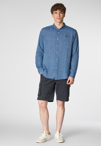 Camicia in lino chambray colletto mandarin slim fit con logo