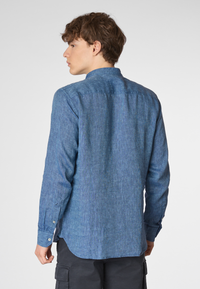 Camicia in lino chambray colletto mandarin slim fit con logo