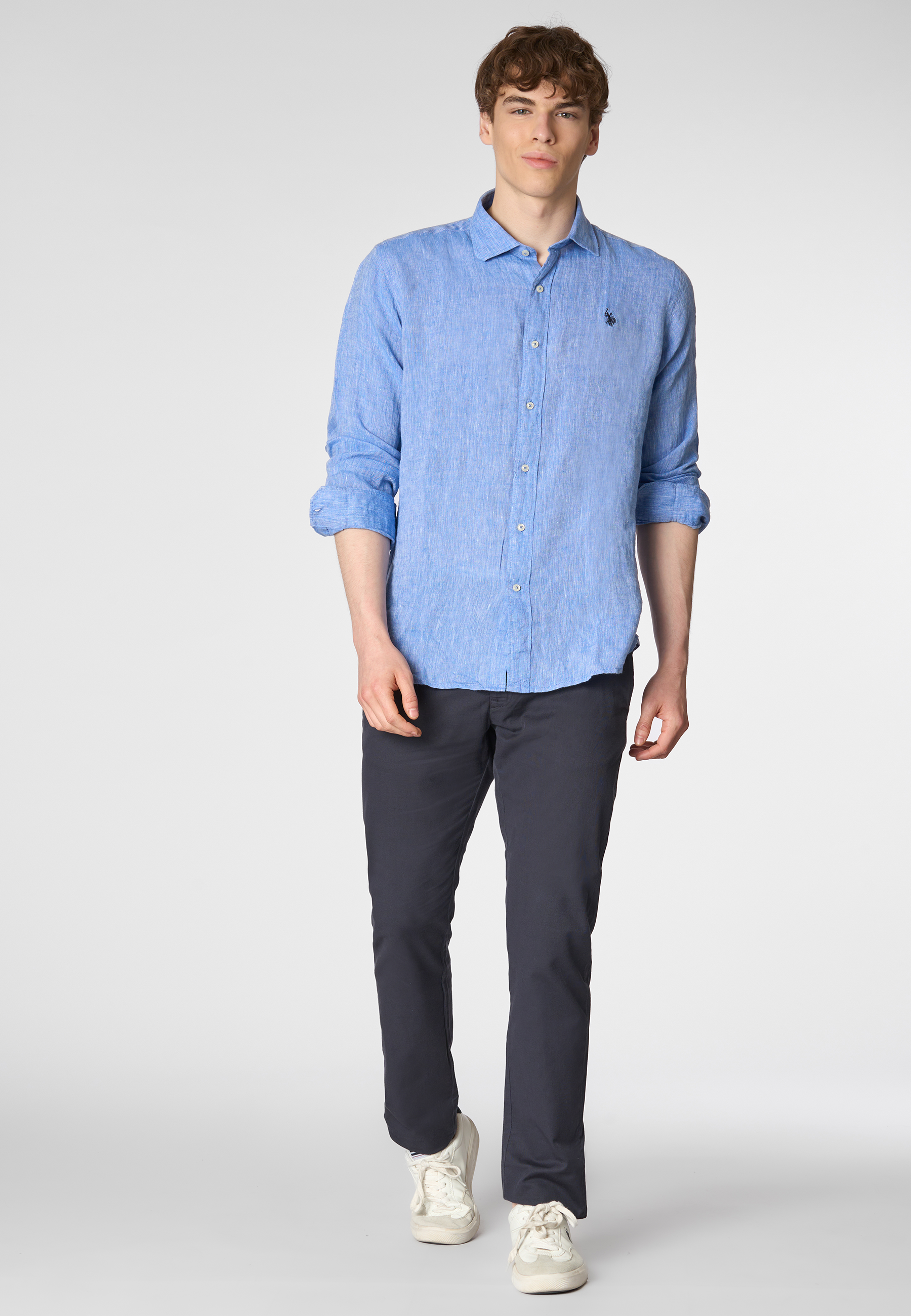 Camicia in lino chambray slim fit con logo