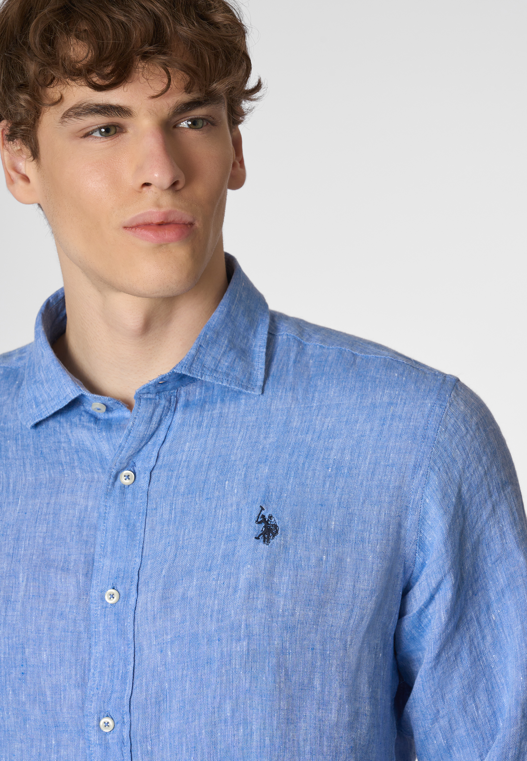 Camicia in lino chambray slim fit con logo