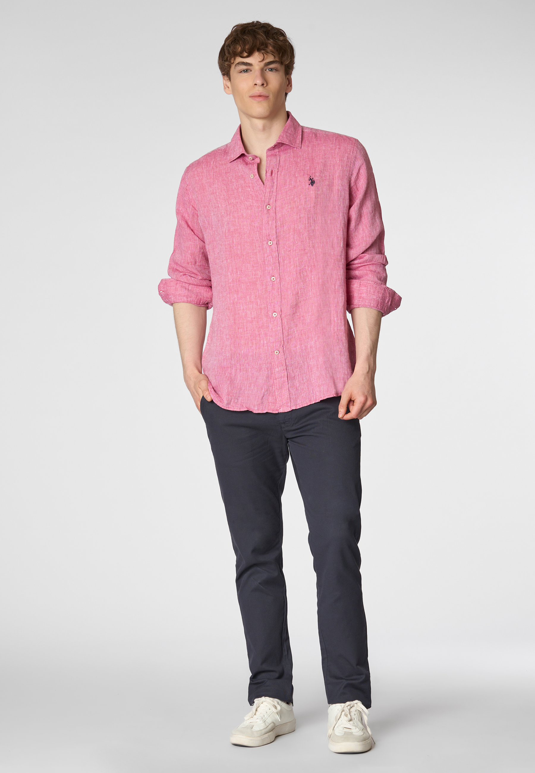 Camicia in lino chambray slim fit con logo