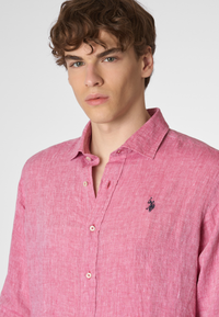 Camicia in lino chambray slim fit con logo