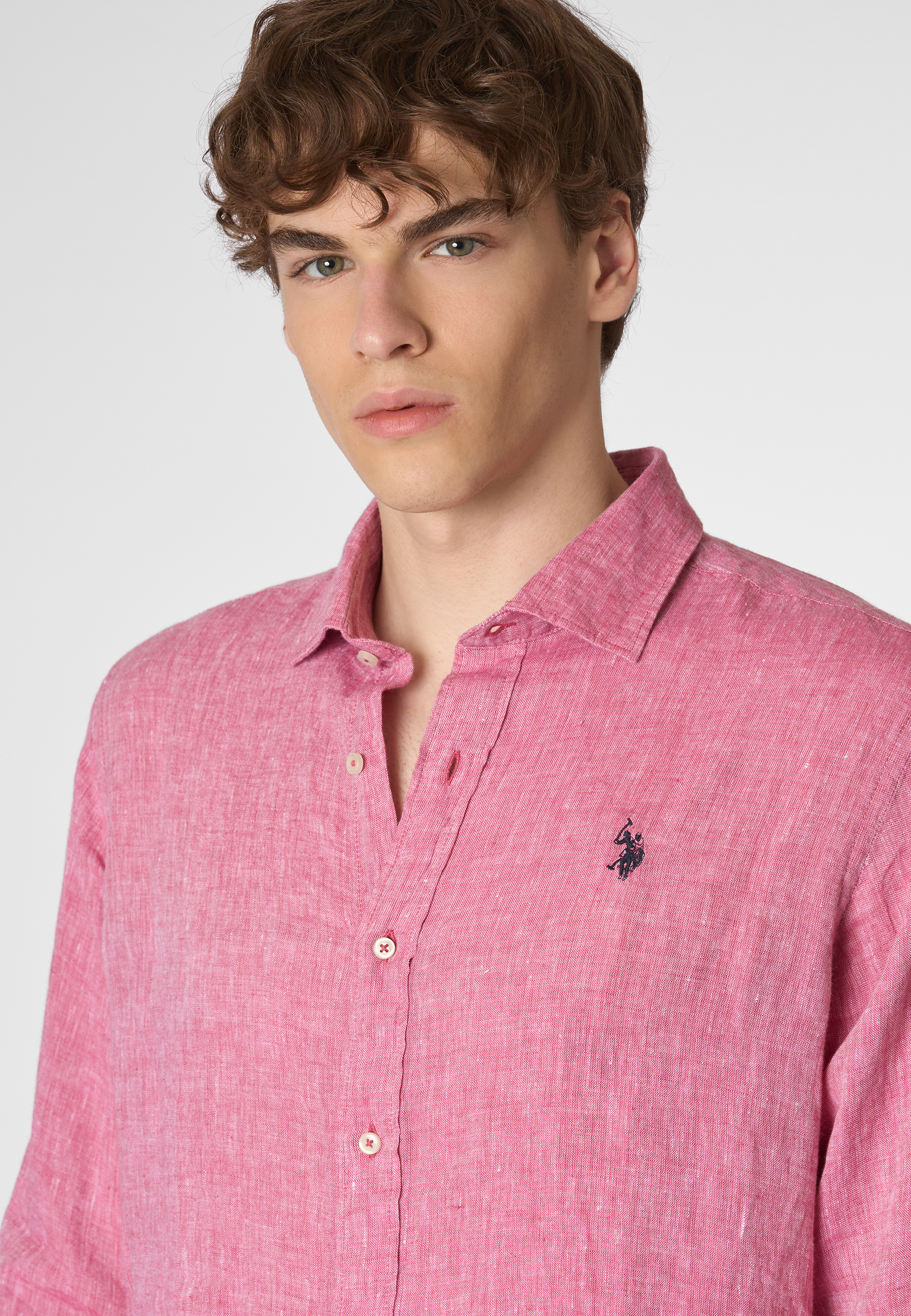 Camicia in lino chambray slim fit con logo