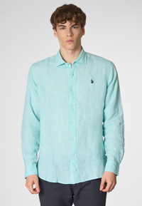 Camicia in lino chambray slim fit con logo