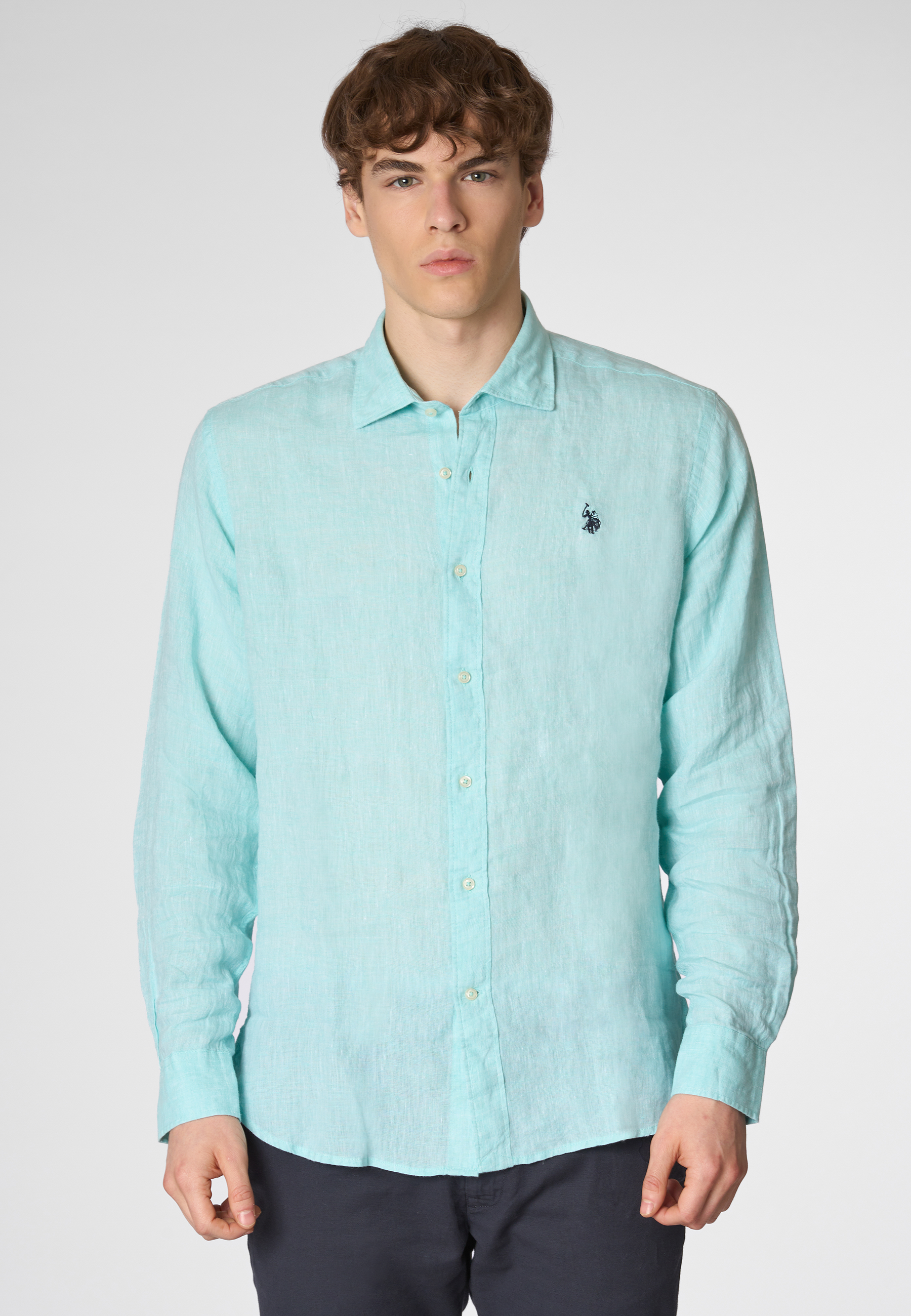 Camicia in lino chambray slim fit con logo