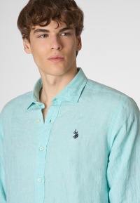 Camicia in lino chambray slim fit con logo