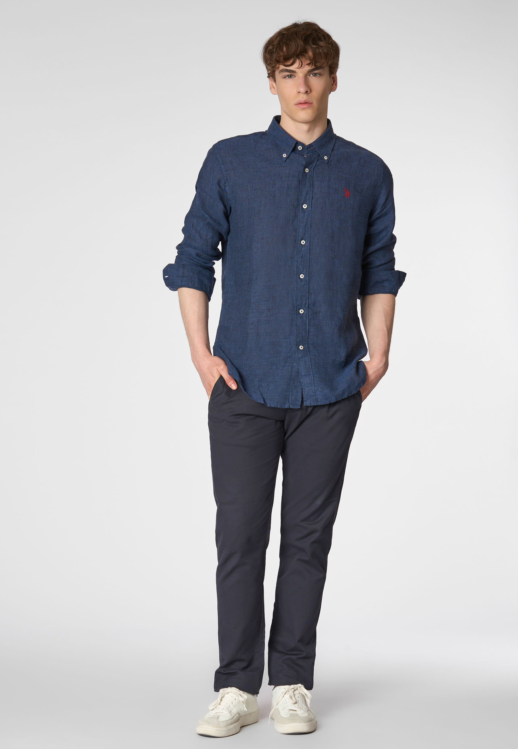 Camicia in lino chambray slim fit con logo