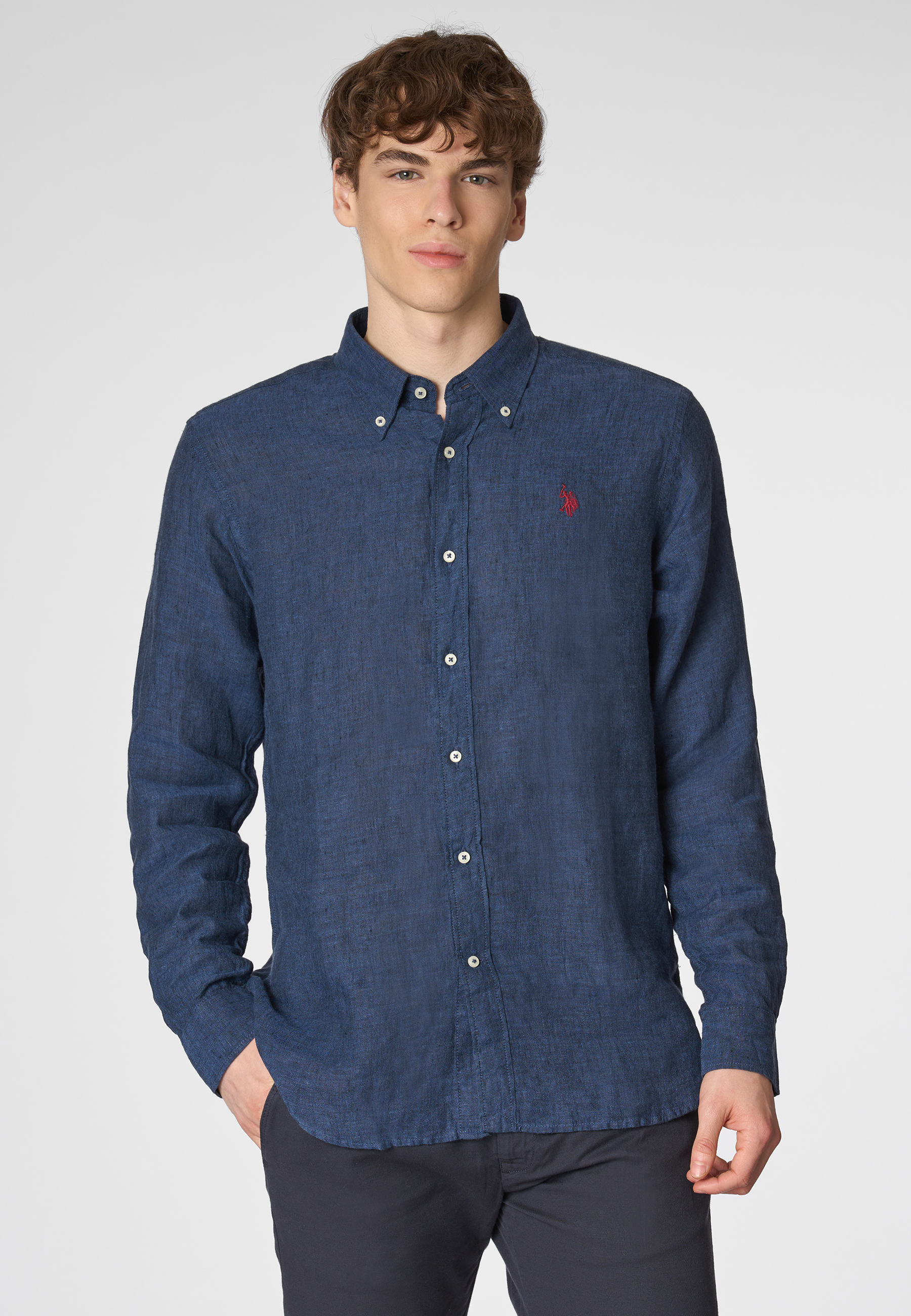 Camicia in lino chambray slim fit con logo