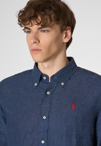 Camicia in lino chambray slim fit con logo