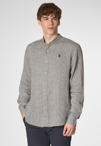 Camicia in lino chambray colletto mandarin slim fit con logo