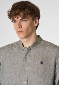 Camicia in lino chambray colletto mandarin slim fit con logo