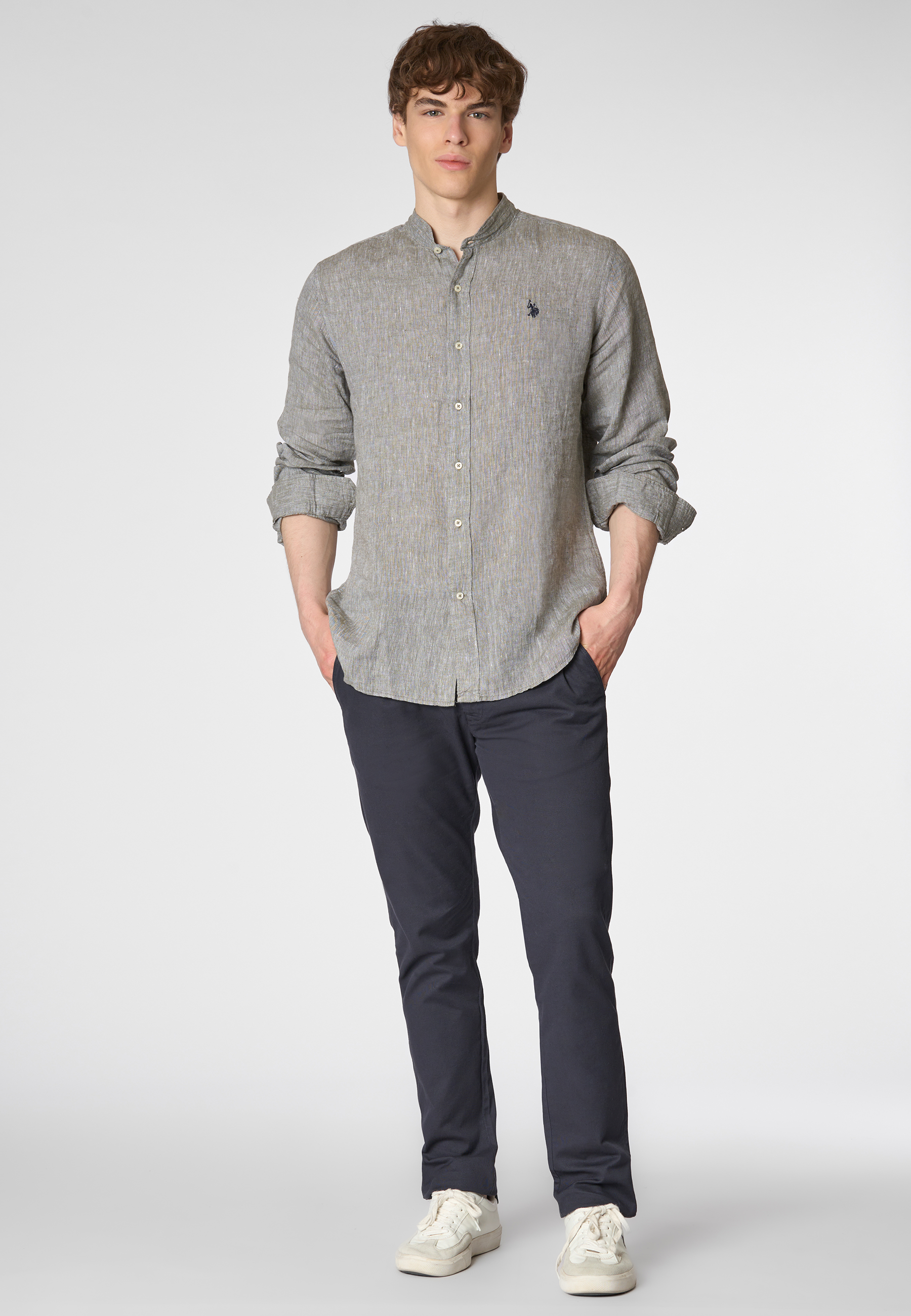 Camicia in lino chambray colletto mandarin slim fit con logo