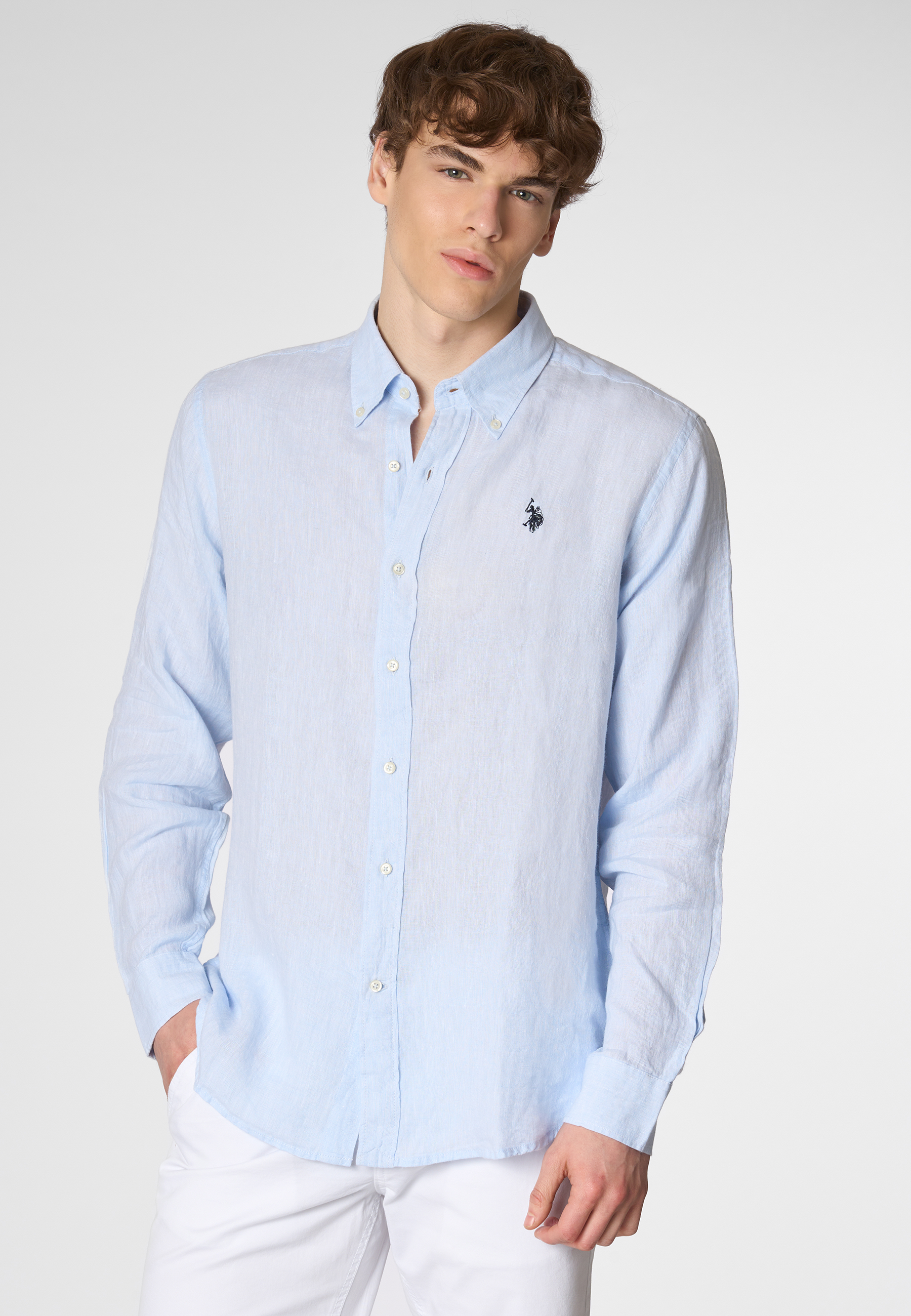 Camicia in lino chambray slim fit con logo