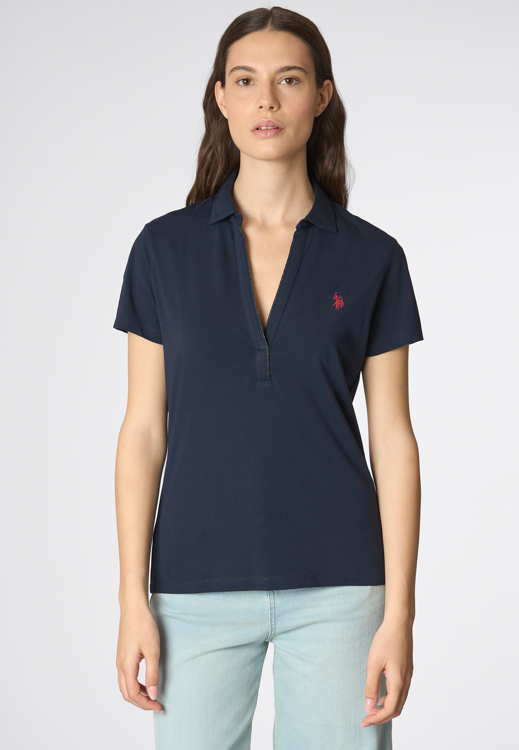Polo shirt a maniche corte con scollo a V in cotone stretch