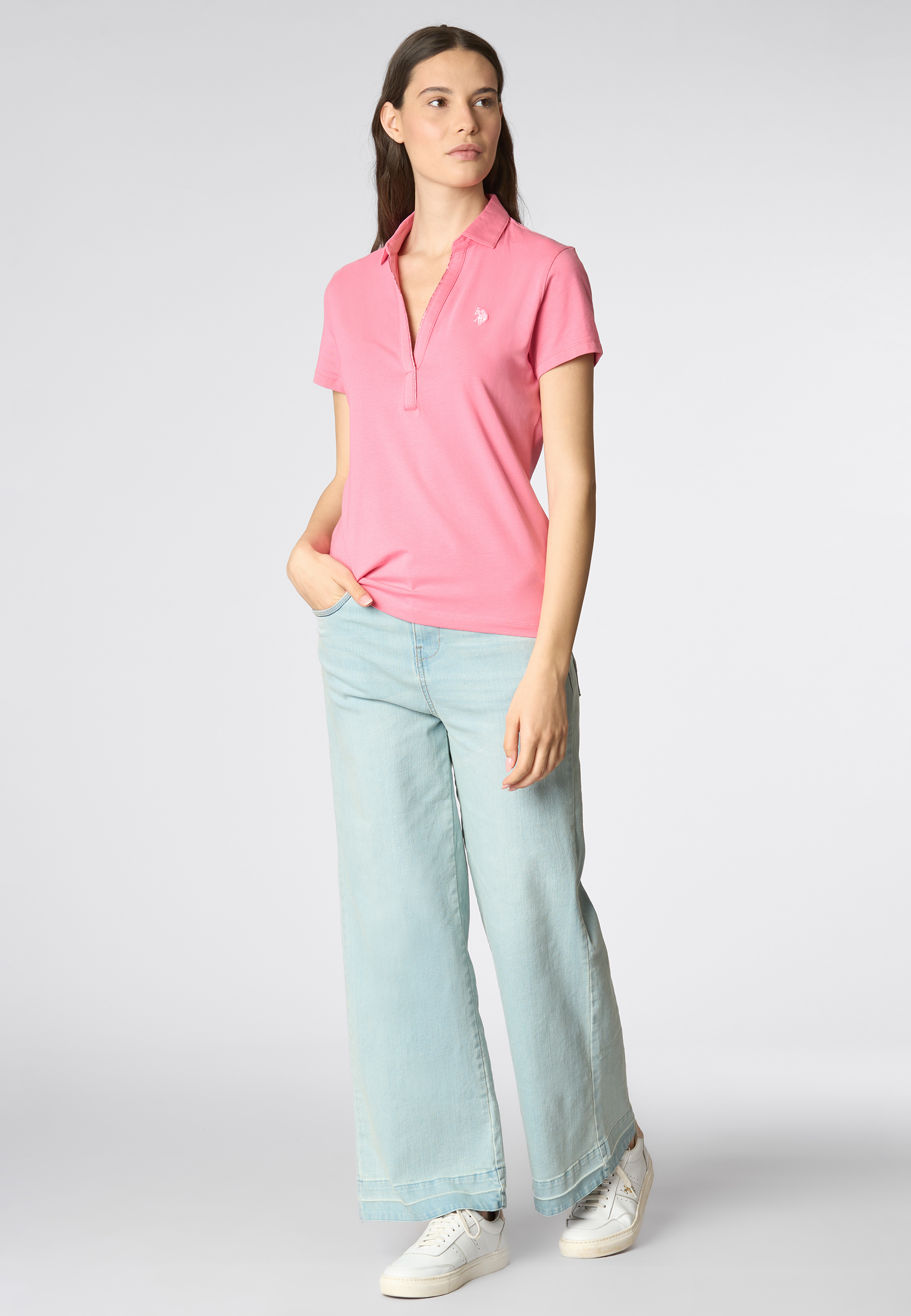 Polo shirt a maniche corte con scollo a V in cotone stretch