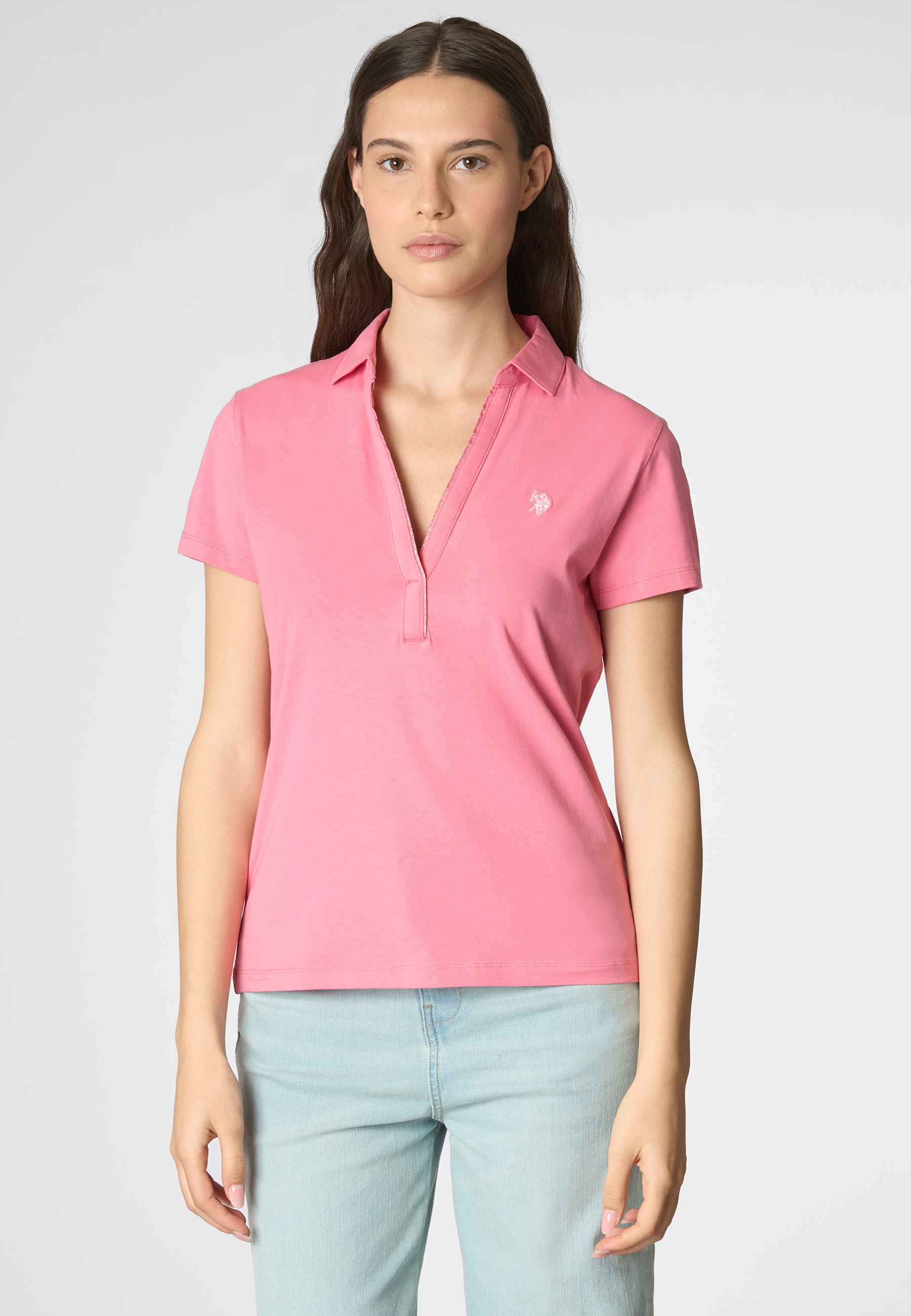 Polo shirt a maniche corte con scollo a V in cotone stretch