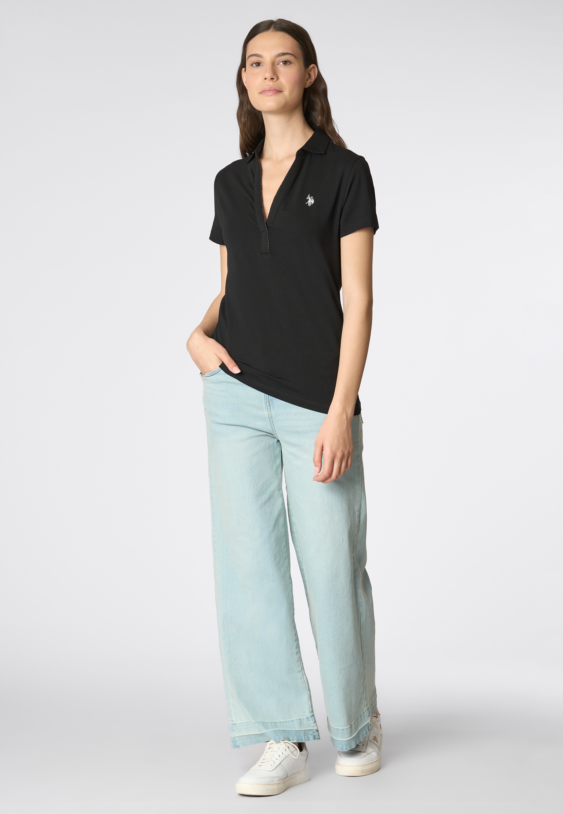 Polo shirt a maniche corte con scollo a V in cotone stretch