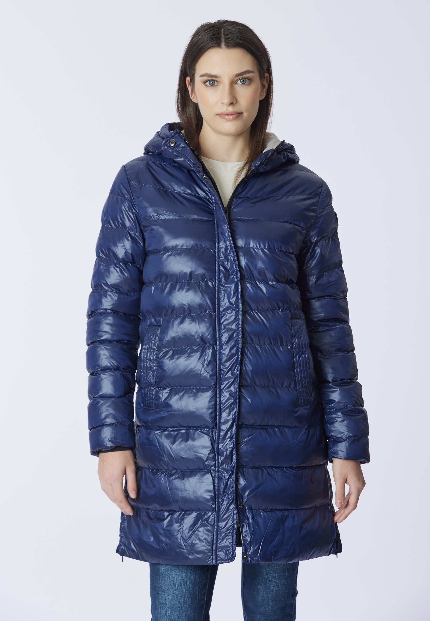 Piumino midi con cappuccio in shiny nylon