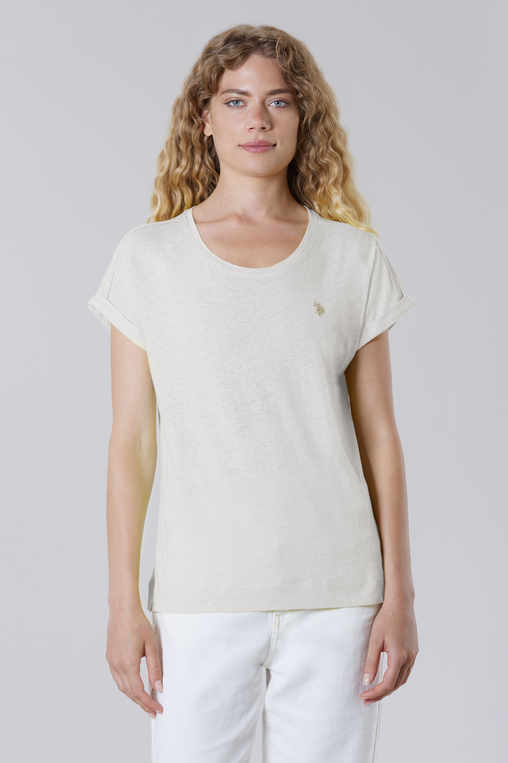 T-shirt girocollo da donna in misto cotone e lino