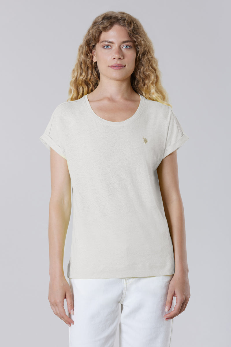 T-shirt girocollo da donna in misto cotone e lino