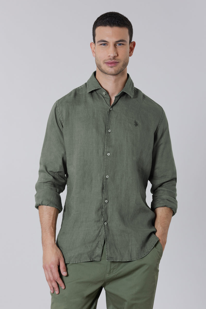 Camicia in misto cotone e lino con logo