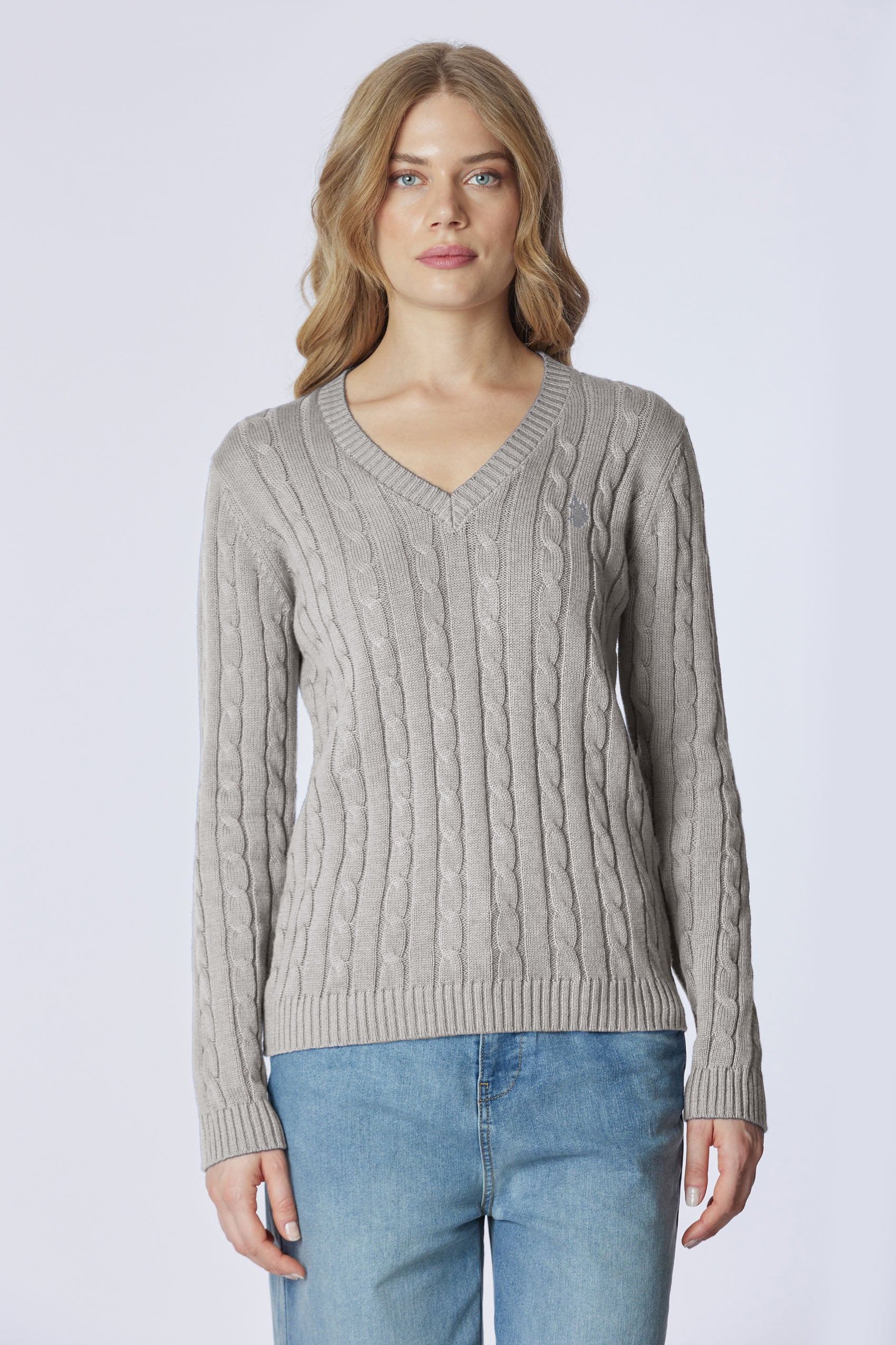 Maglia scollo a V a treccia in cotone e cashmere