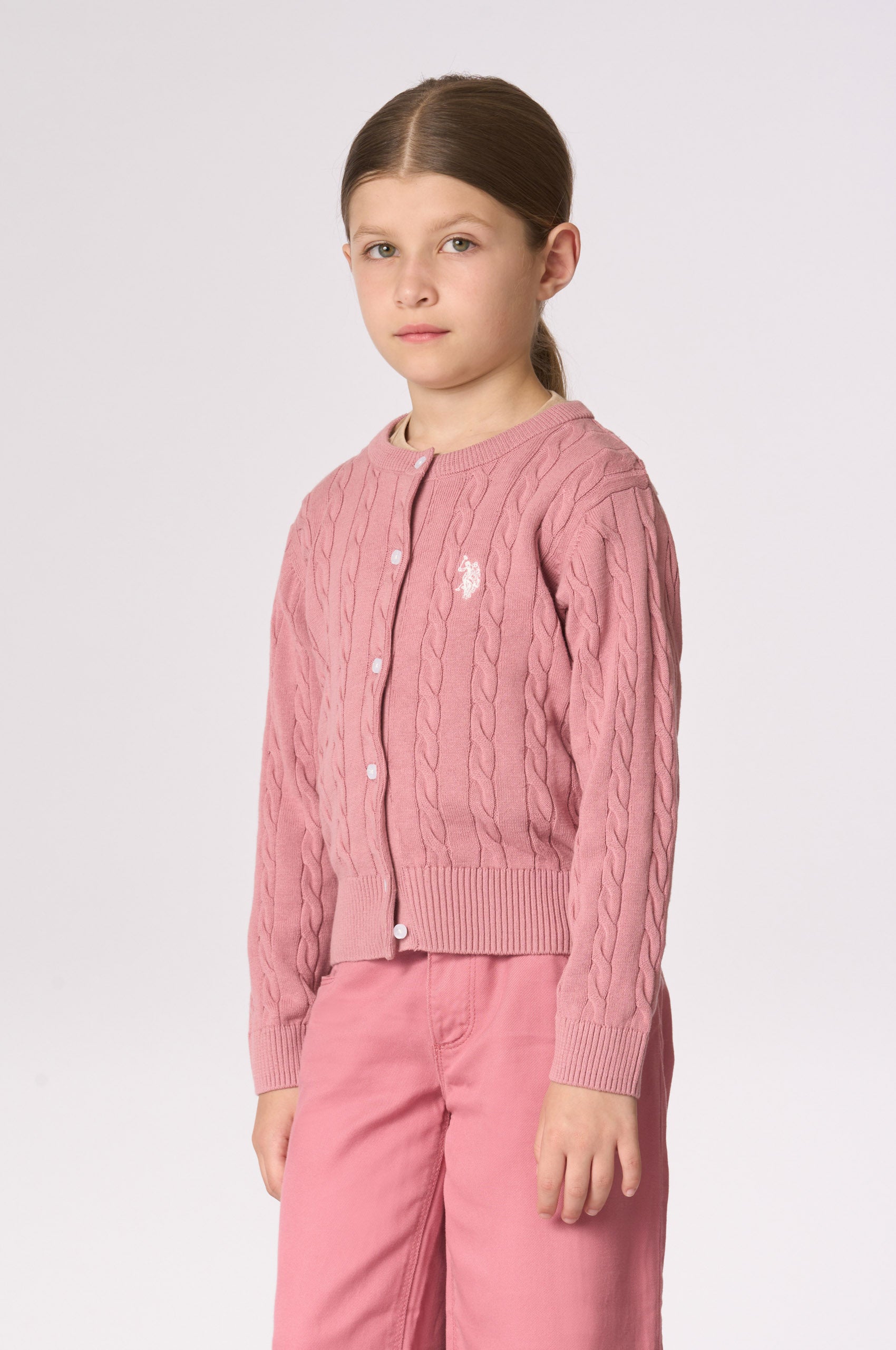 Cardigan da bambina in cotone con lavorazione a trecce