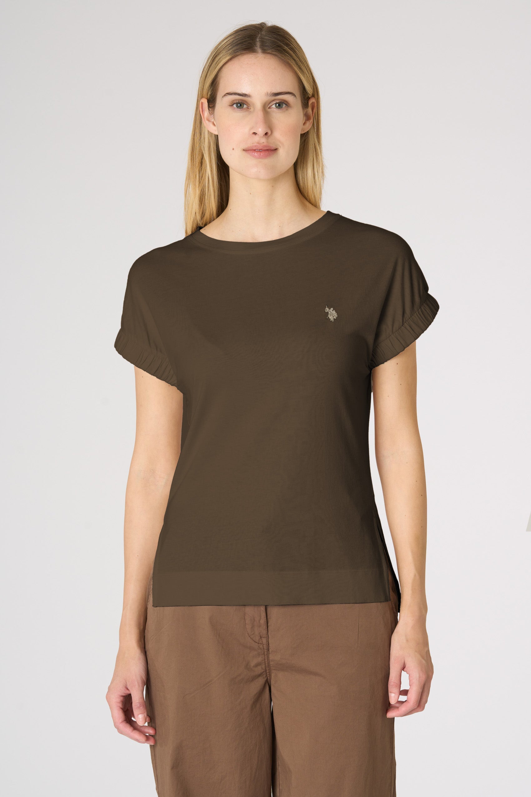 T-shirt da donna in misto cotone e viscosa con maniche arricciate