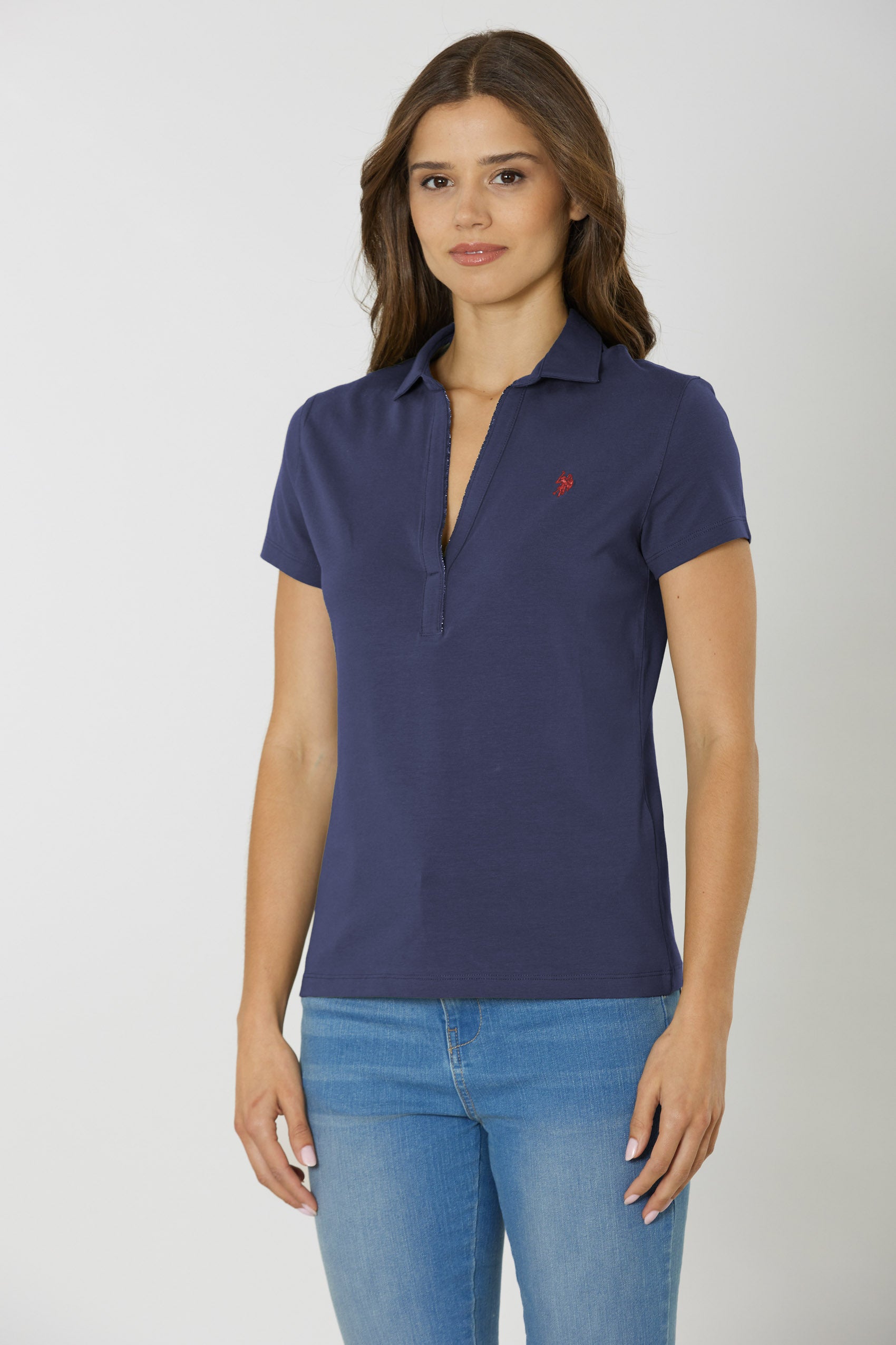 Polo shirt a maniche corte con scollo a V in cotone stretch