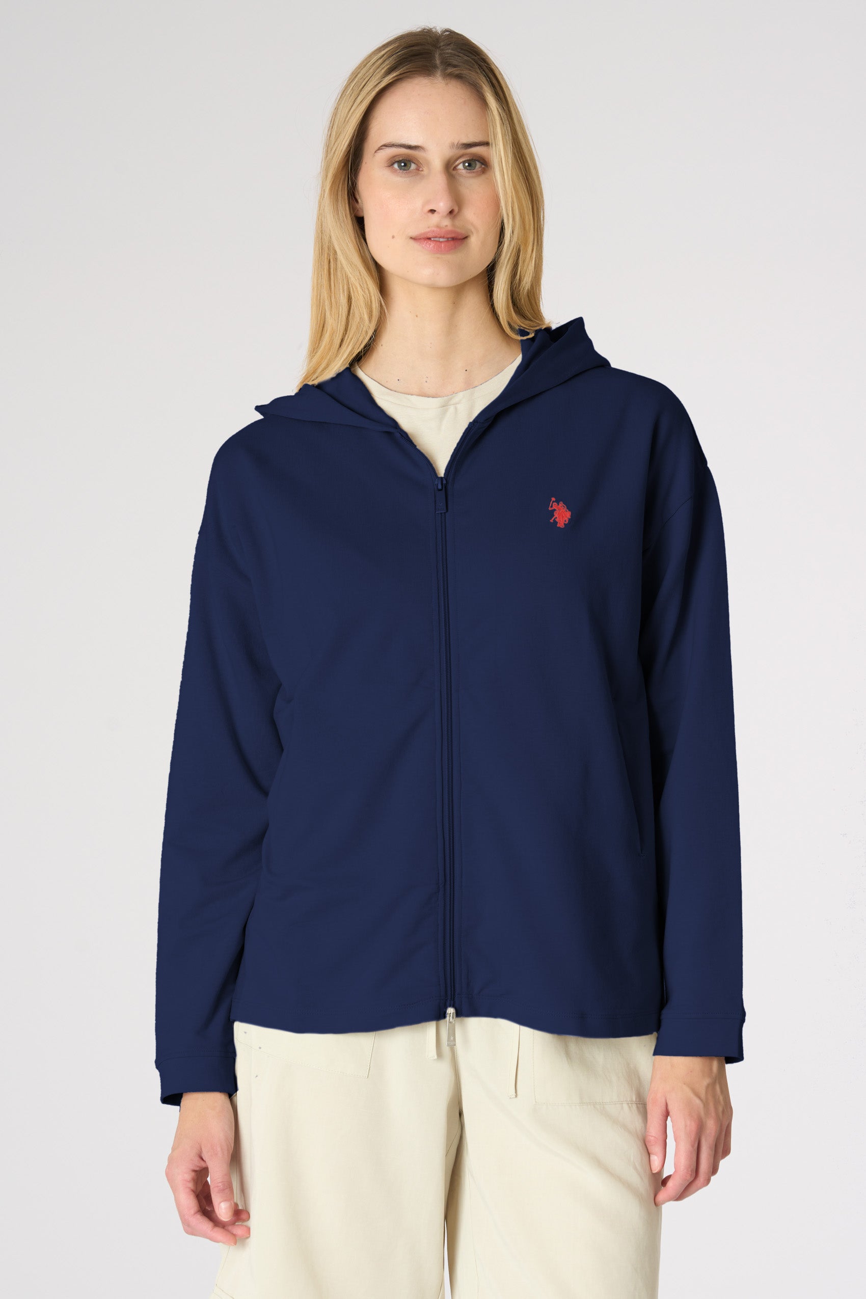Felpa da donna full zip con cappuccio in misto cotone e modale
