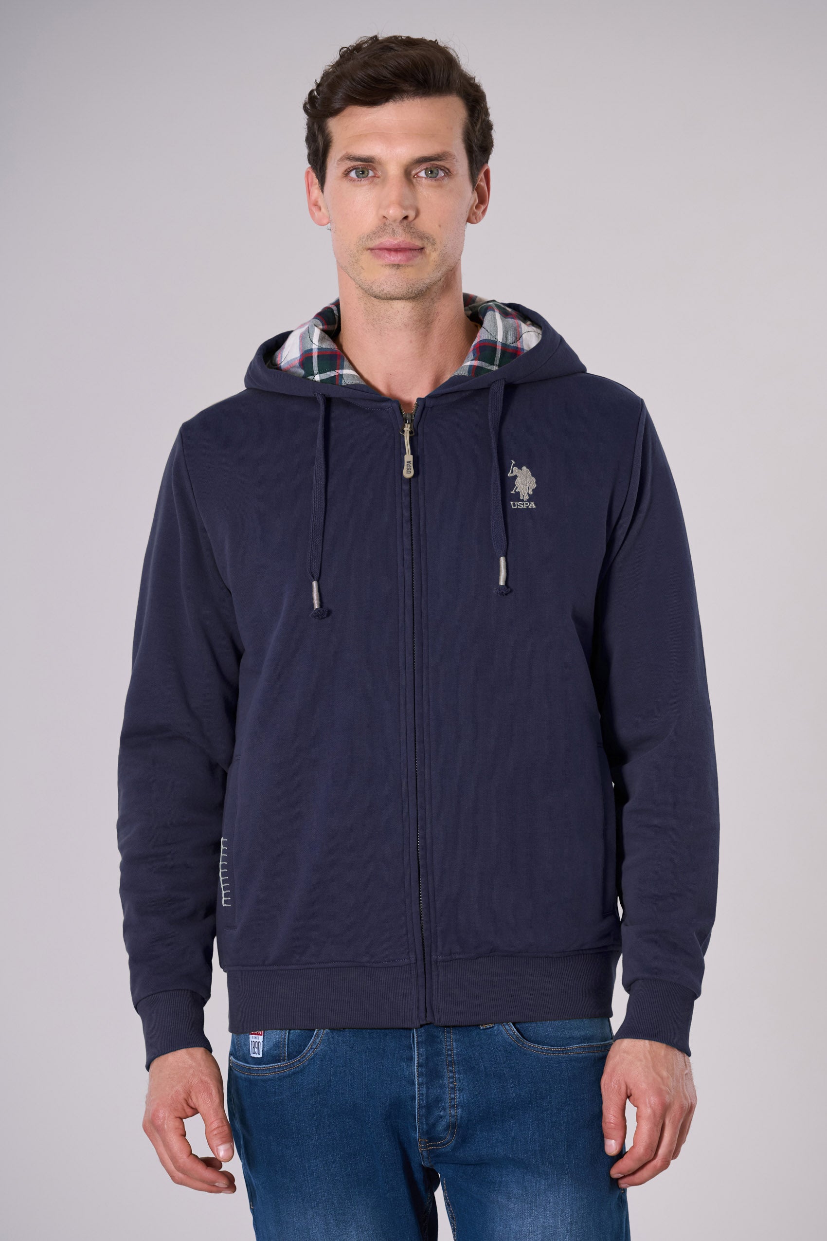 Felpa in cotone con cappuccio tartan e zip