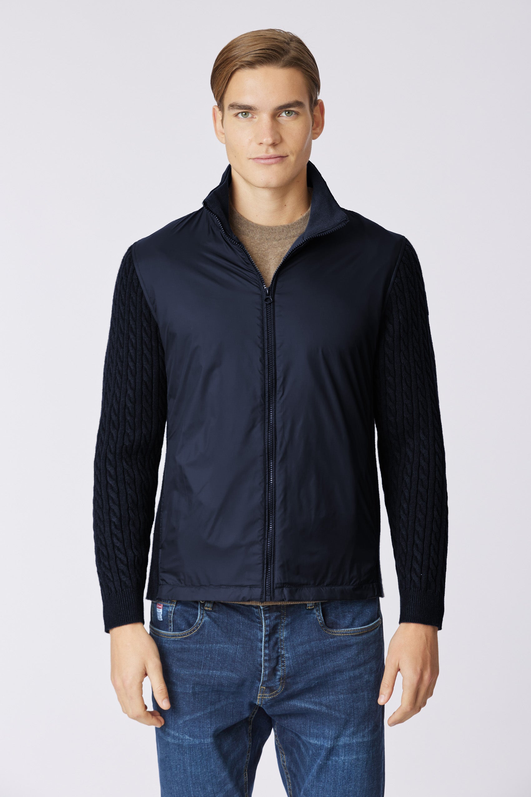 Giacca full zip in nylon con maniche in maglia
