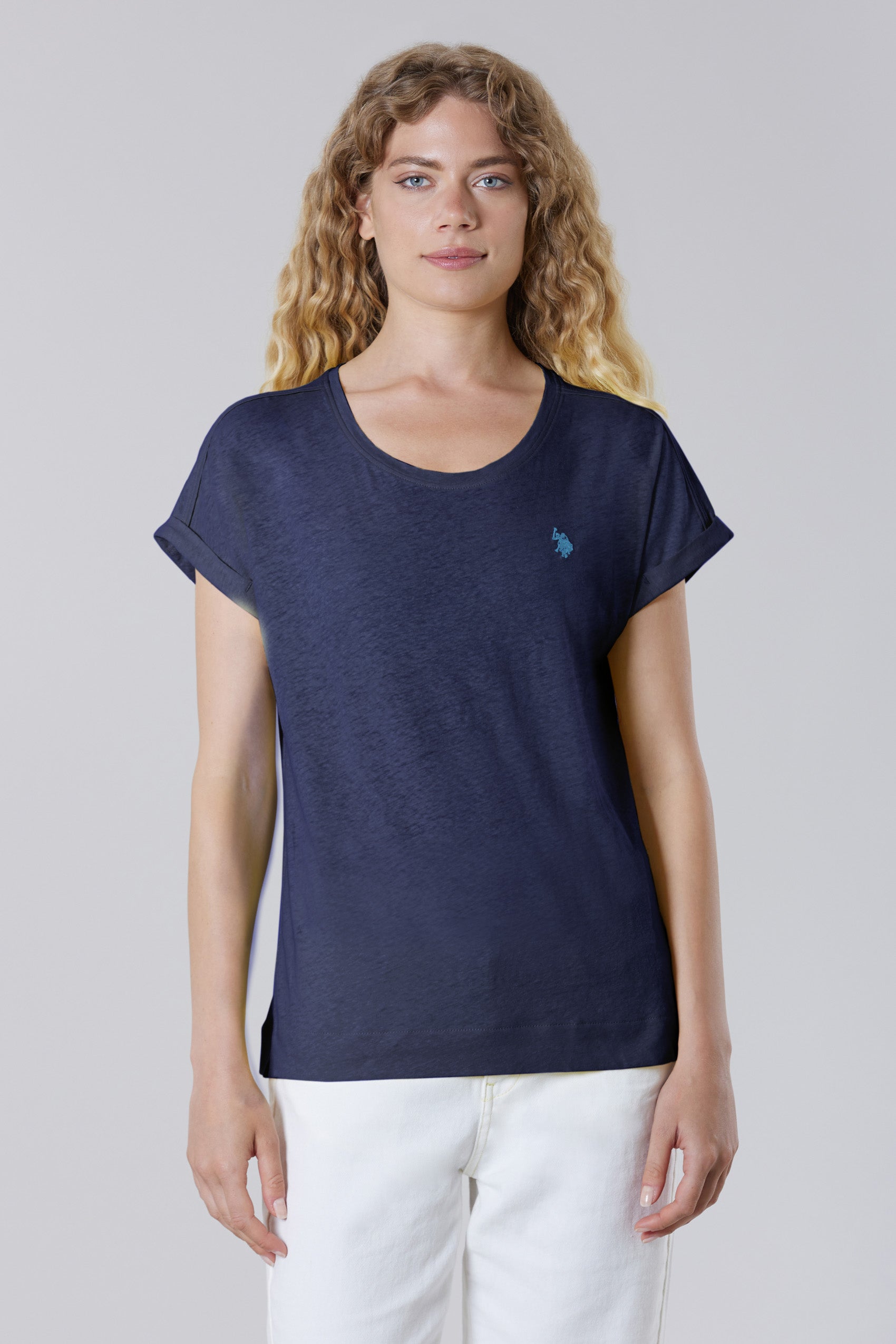 T-shirt girocollo da donna in misto cotone e lino