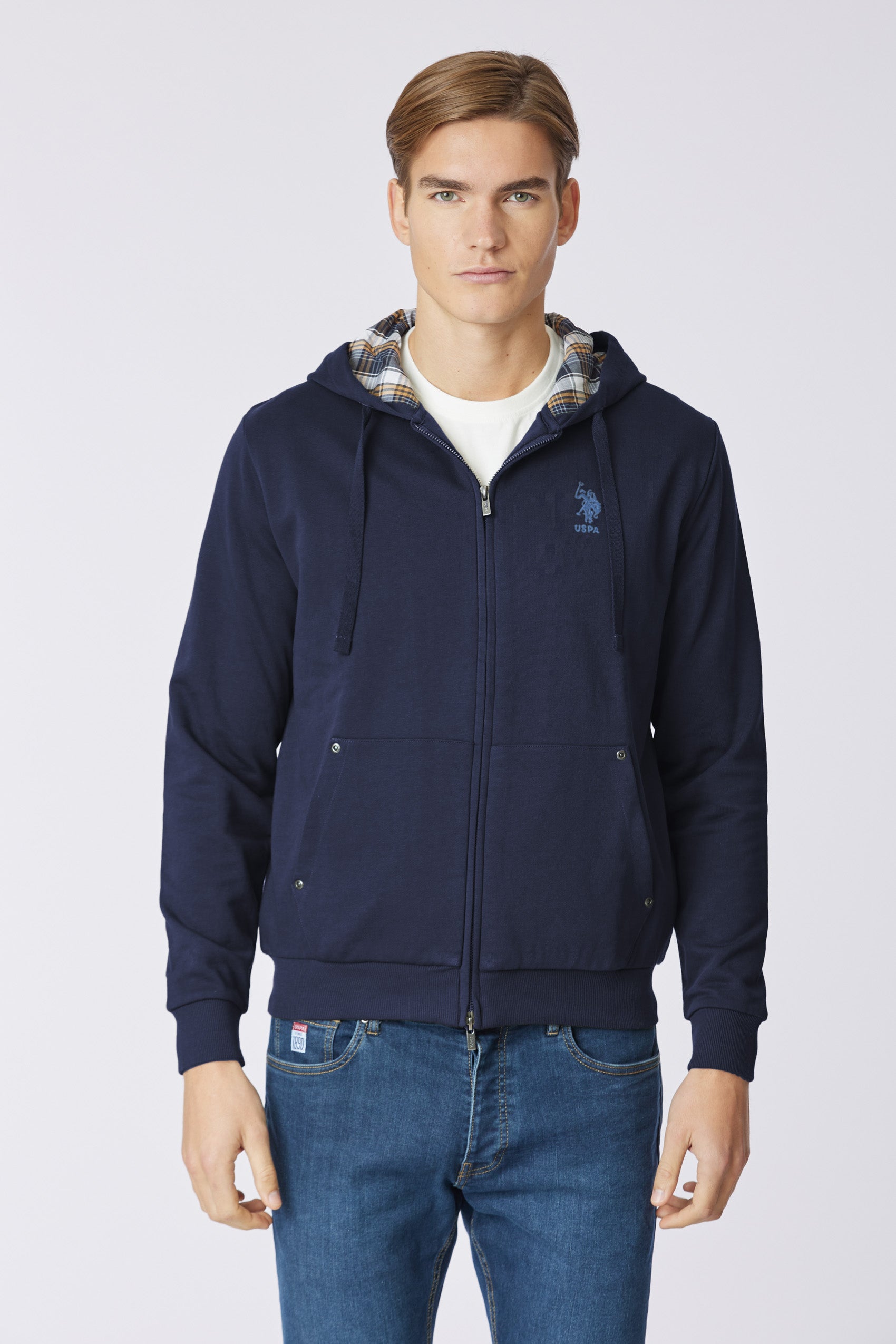Felpa in cotone con cappuccio tartan e zip