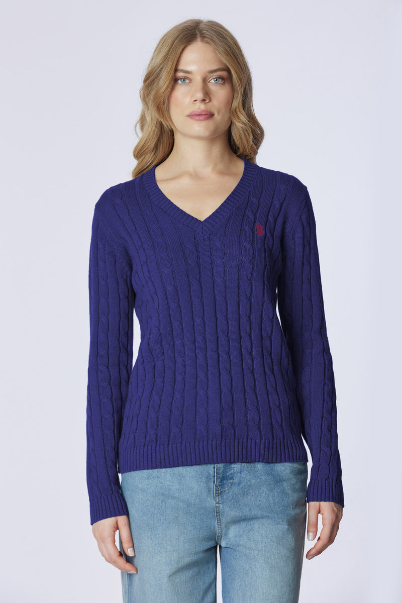 Maglia scollo a V a treccia in cotone e cashmere