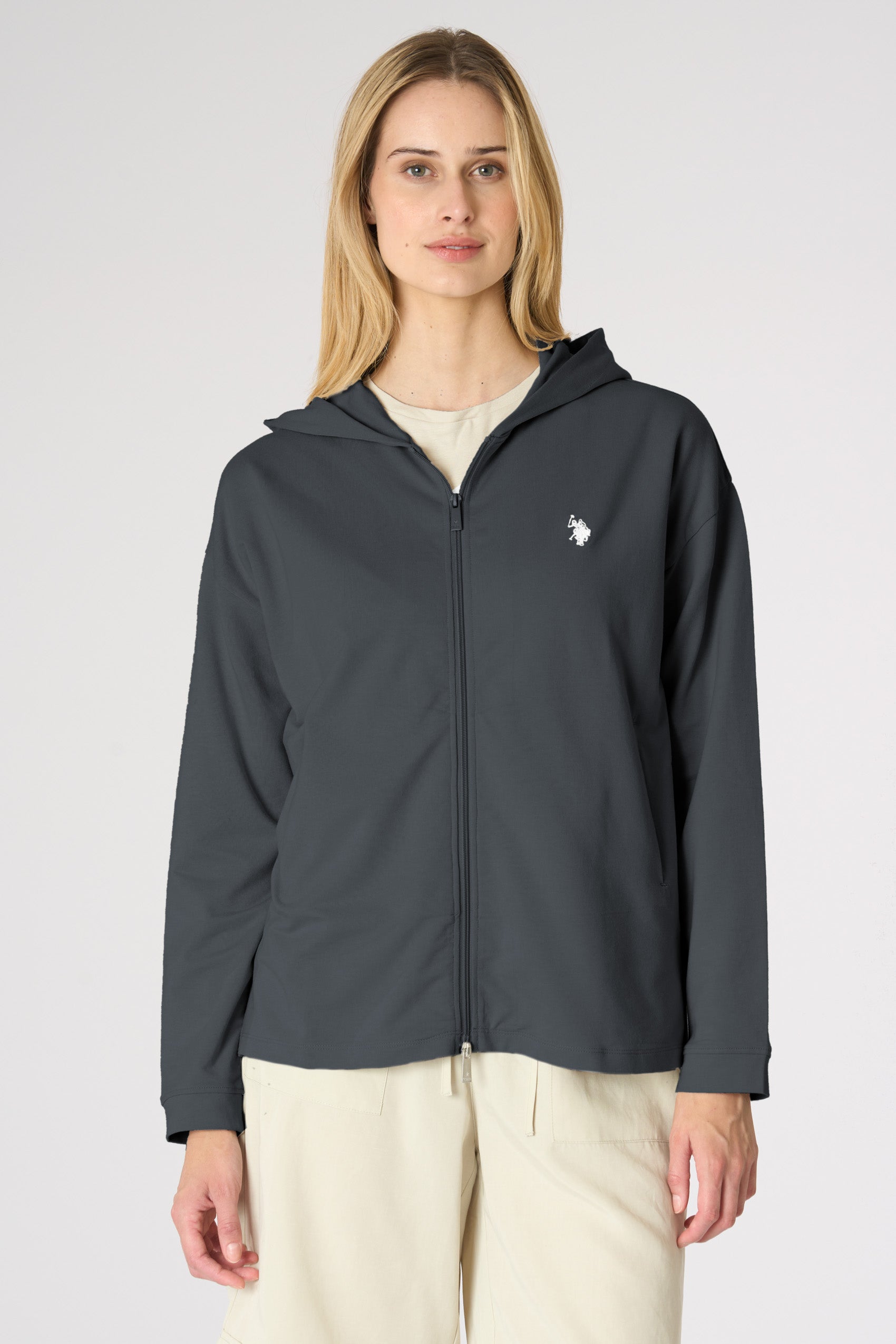 Felpa da donna full zip con cappuccio in misto cotone e modale
