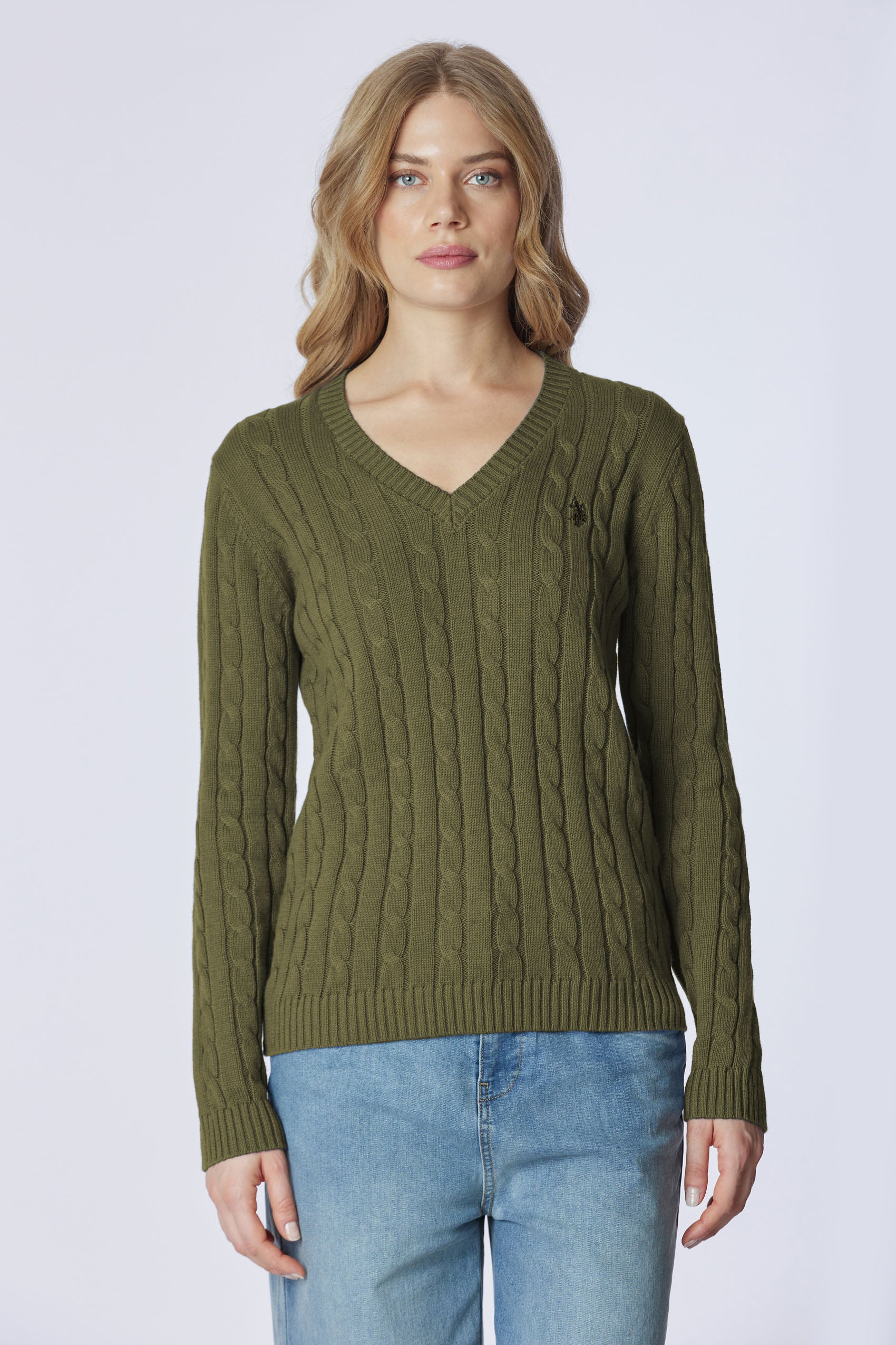 Maglia scollo a V a treccia in cotone e cashmere