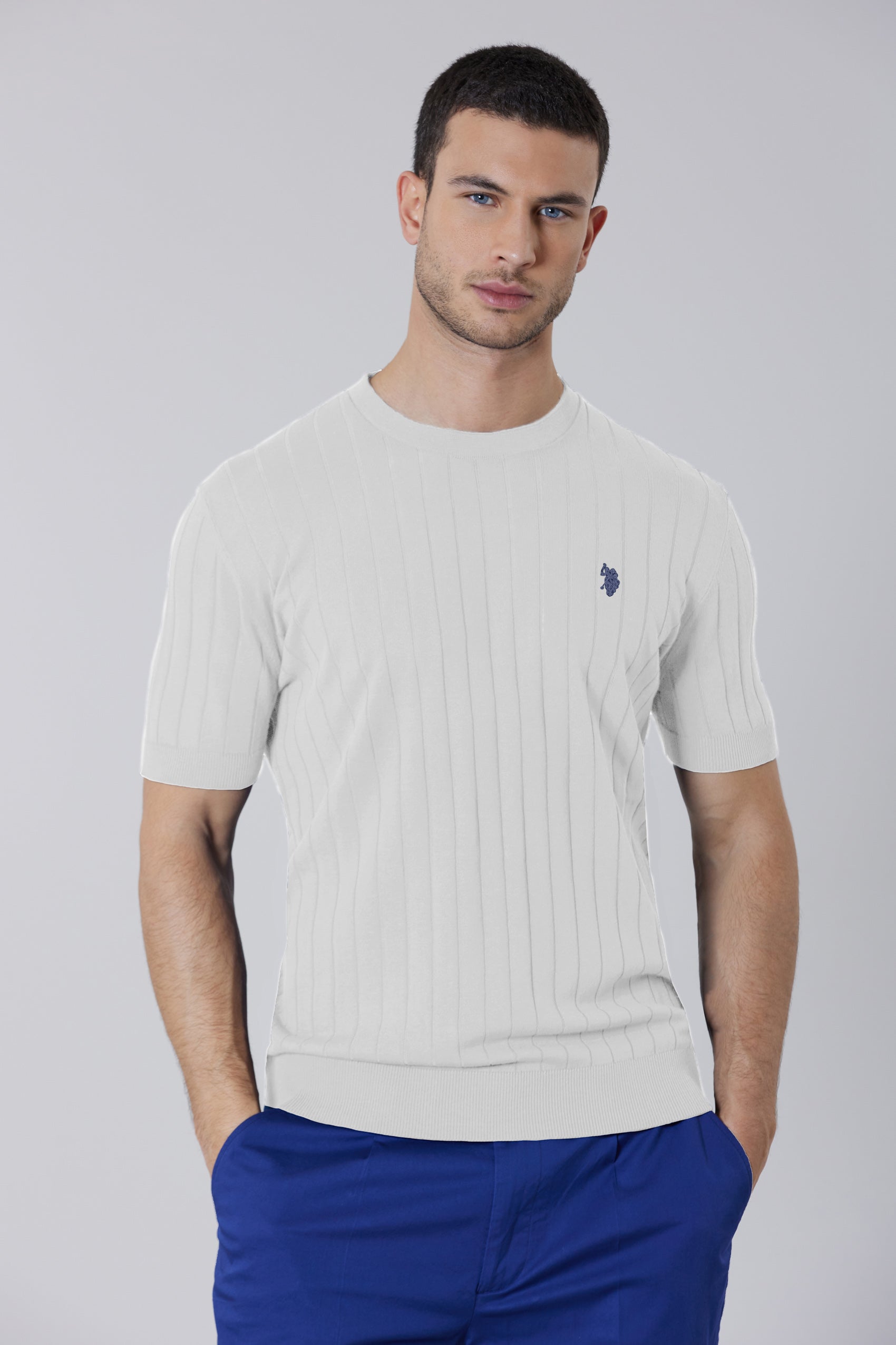 Maglia a maniche corte girocollo a coste in cotone premium quality
