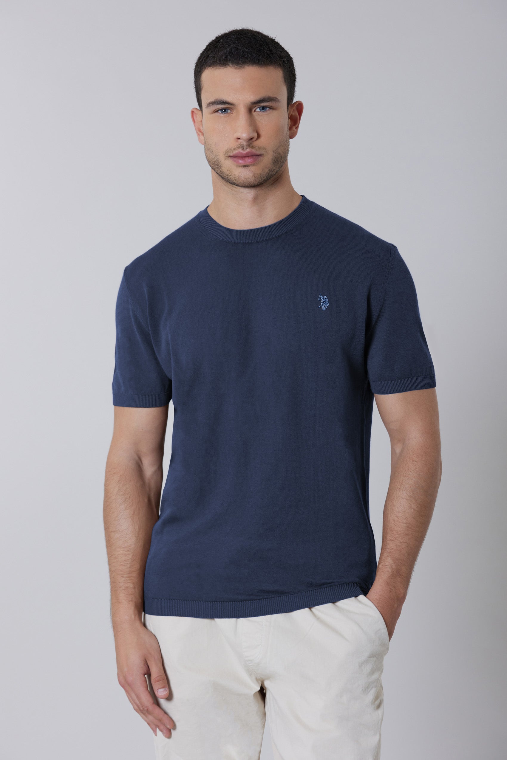 Maglia girocollo a maniche corte in cotone crepe