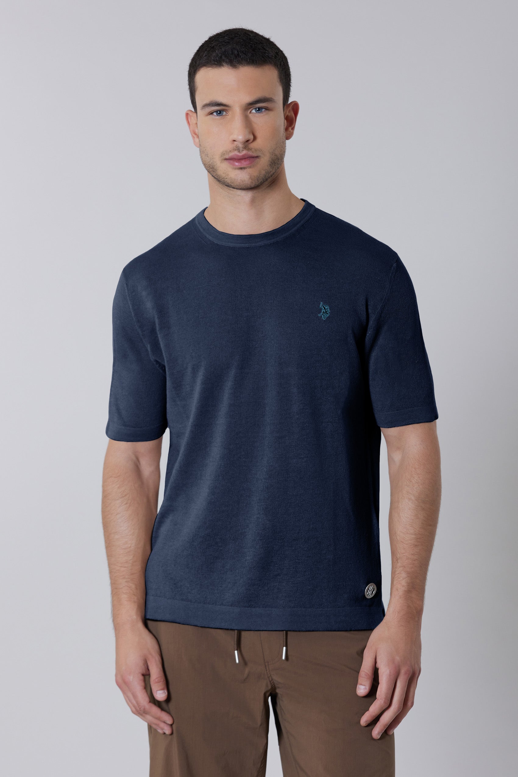Maglia girocollo a maniche corte misto cotone organico e lino