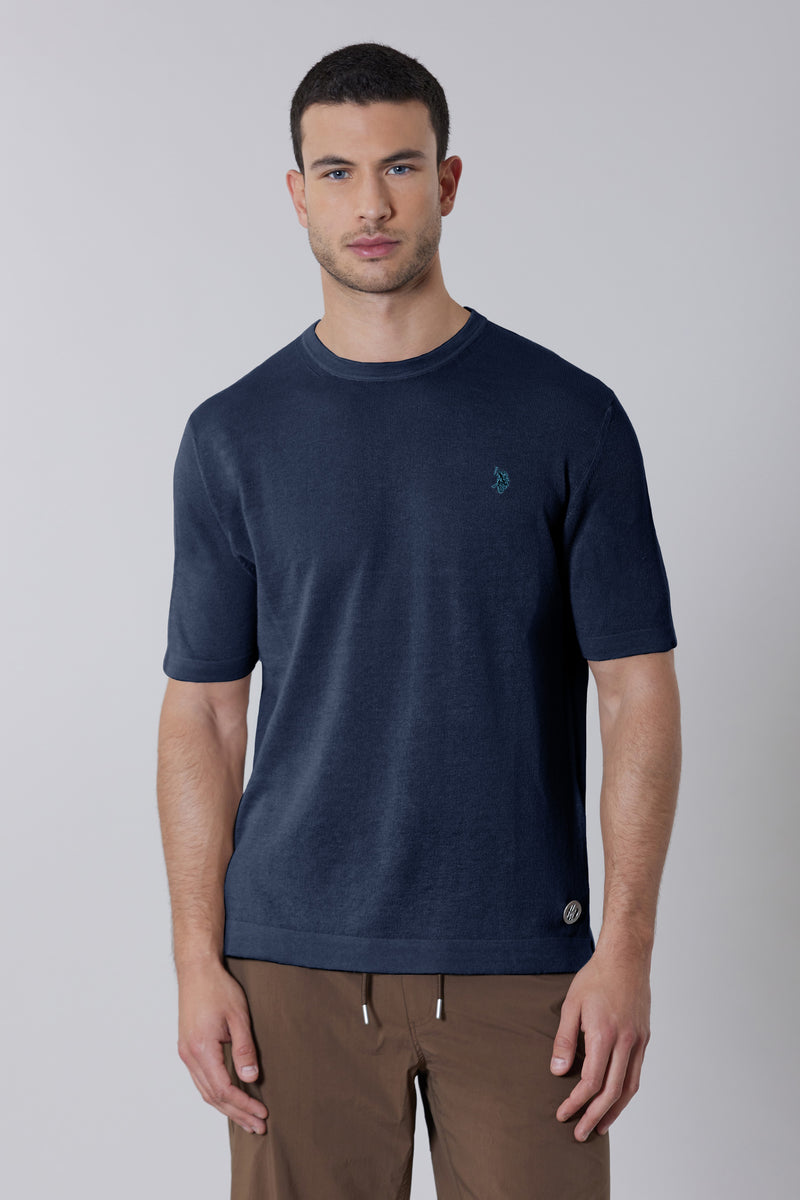 Maglia girocollo a maniche corte misto cotone organico e lino
