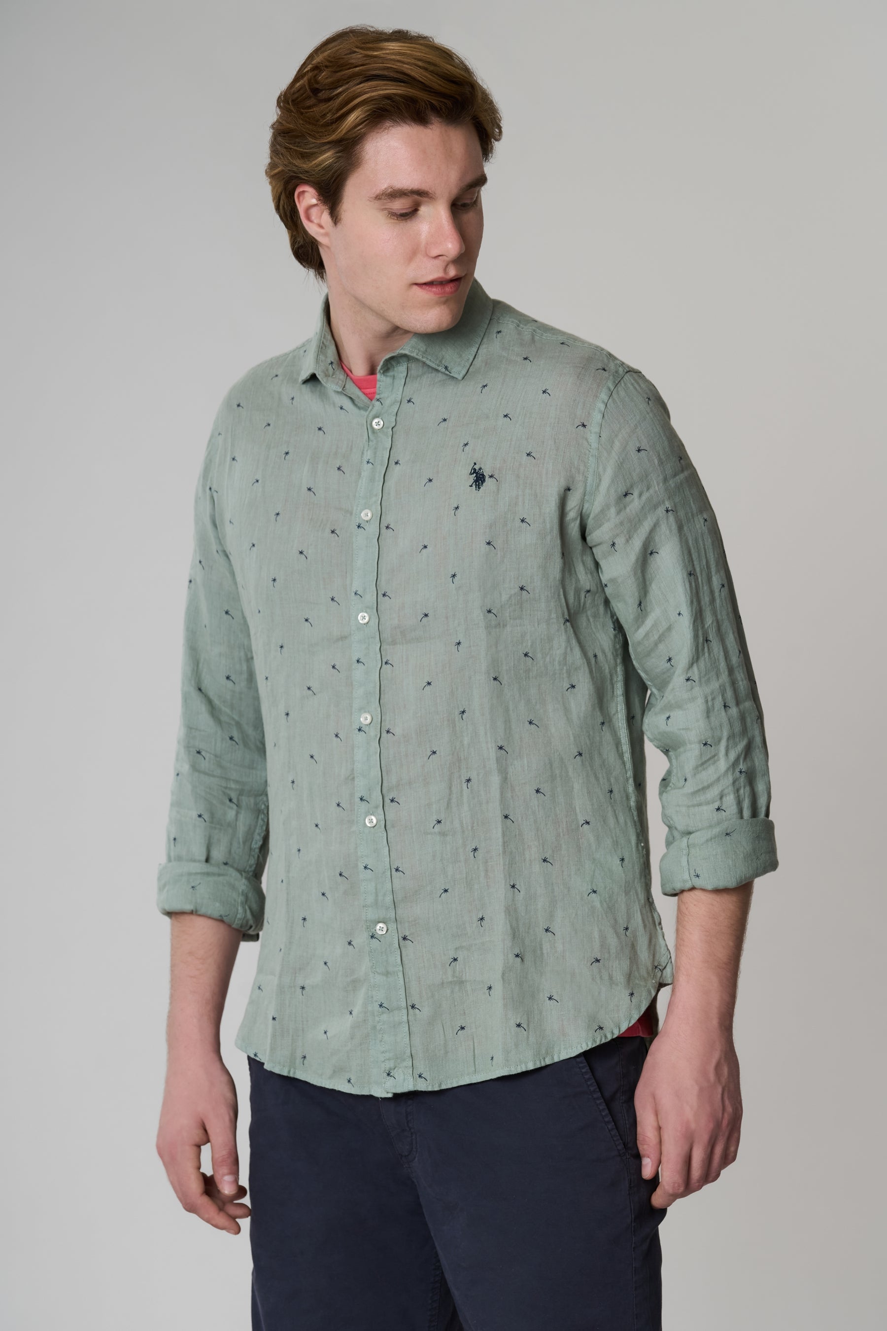 Camicia in lino stampata motivo Palm Beach