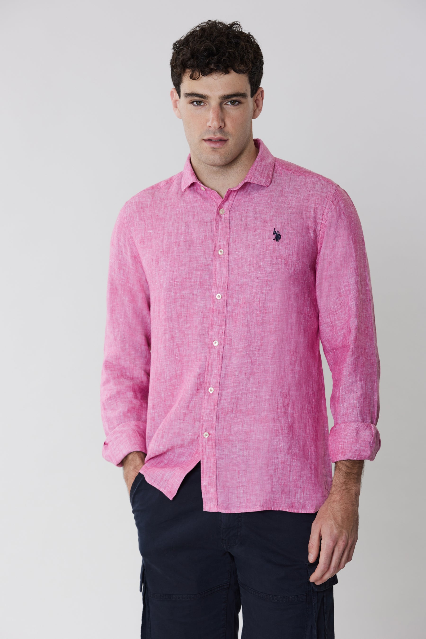 Camicia in lino slim fit con logo