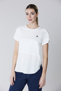T-shirt in cotone jersey combinata con lino e logo