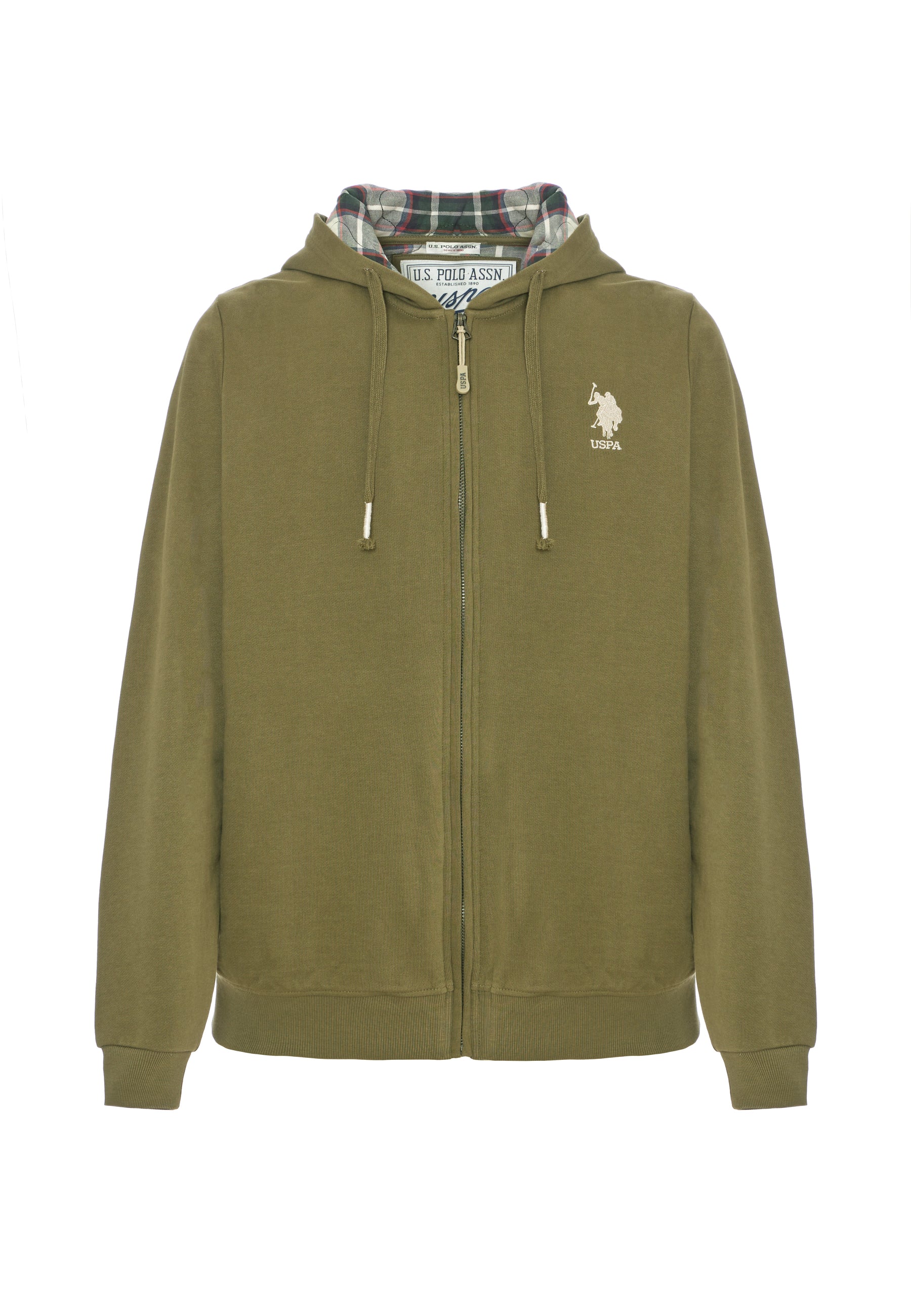 Felpa in cotone con cappuccio tartan e zip