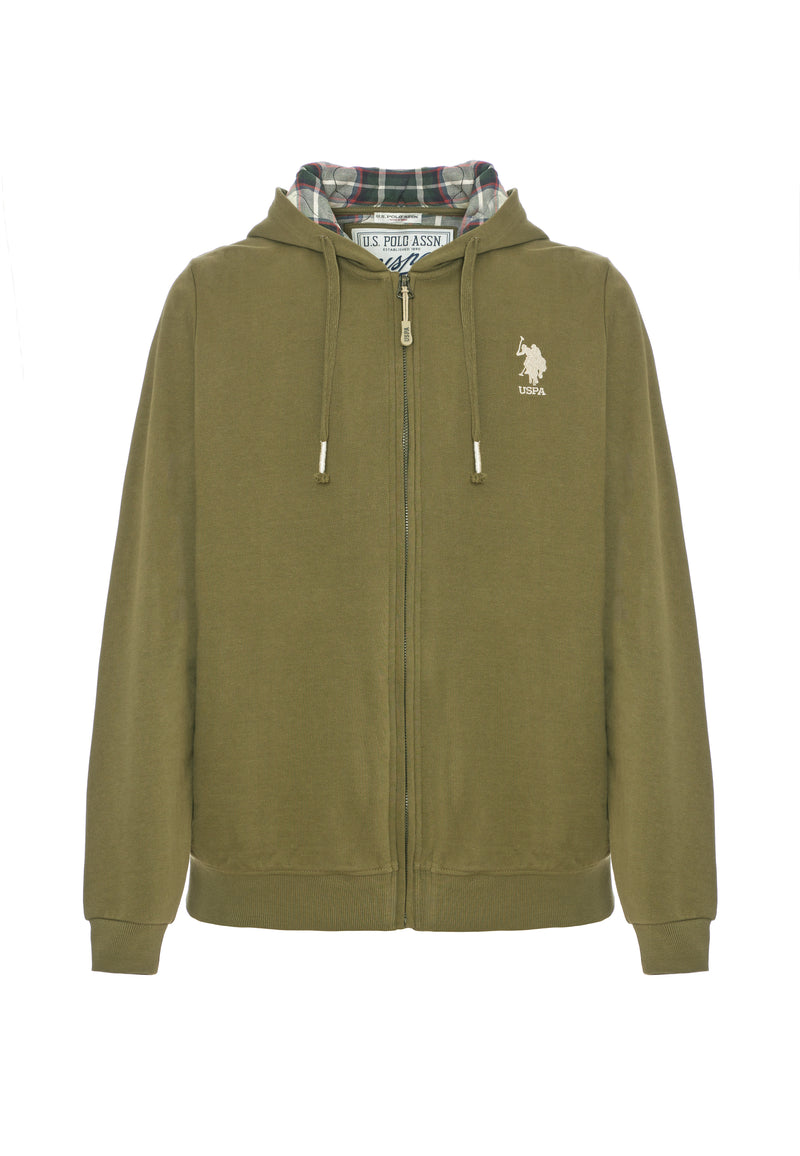 Felpa in cotone con cappuccio tartan e zip