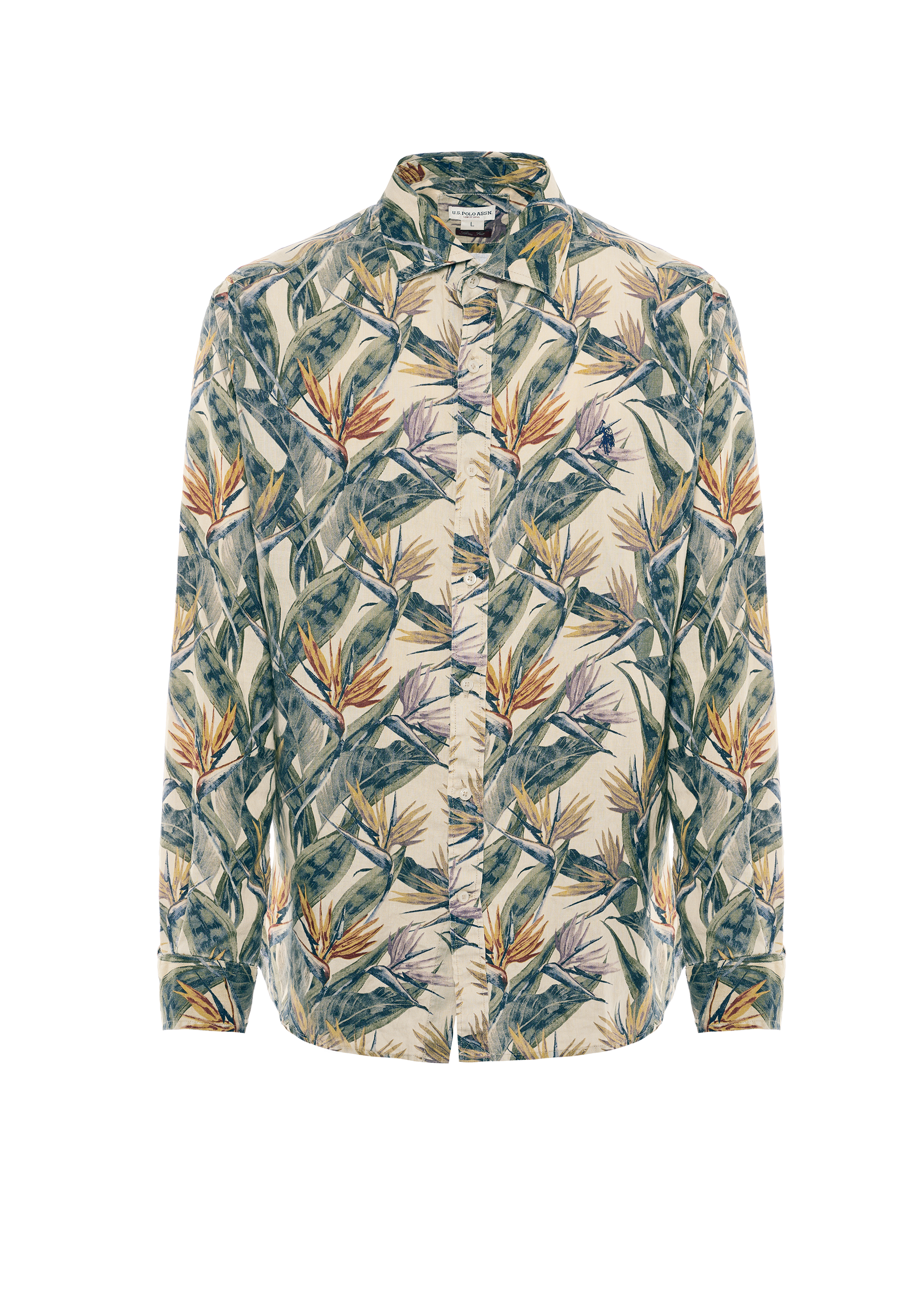Camicia in lino fantasia tropicale slim fit con logo
